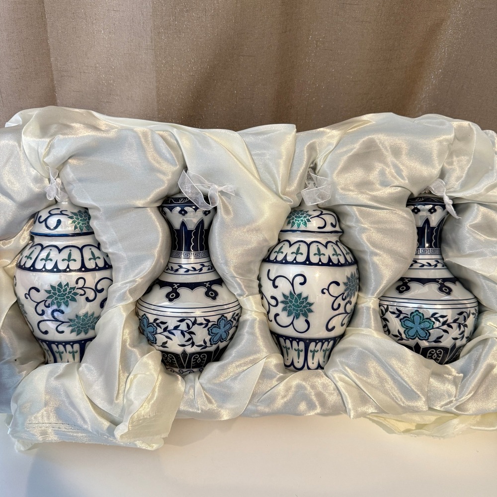 Front Gate French Blue and Linen Ming Glass Ornament Set 4 Ginger Jar Vase